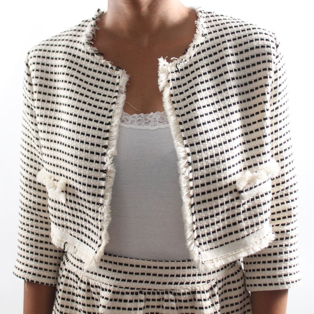 Miss Miss, Made in Italy, Frayed Crop Jacket, Metallic Weave, Ivory/Black, S/M